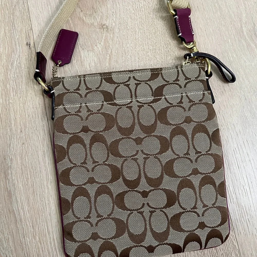 Coach Brown Signature Canvas Crossbody with Plum Trim - Picture 2 of 4